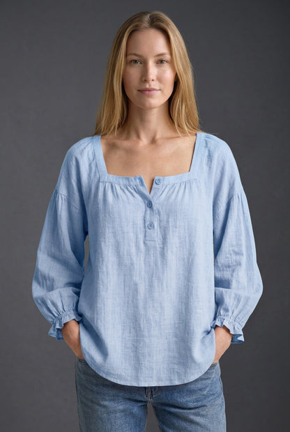 Relaxed Puff Sleeve Blouse for Women, Square Neckline Button-Front Long Sleeve, for Work, Casual, Everyday & Brunch