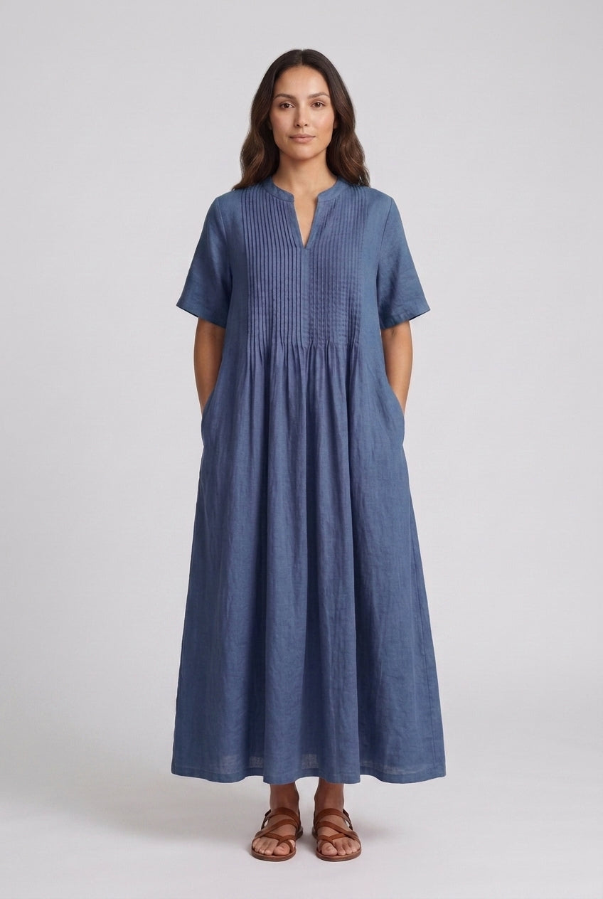 Elegant V-Neck Midi Dress for Women, Pleated Mid-Sleeve Flowing Silhouette, for Summer, Dinners, Celebrations & Everyday