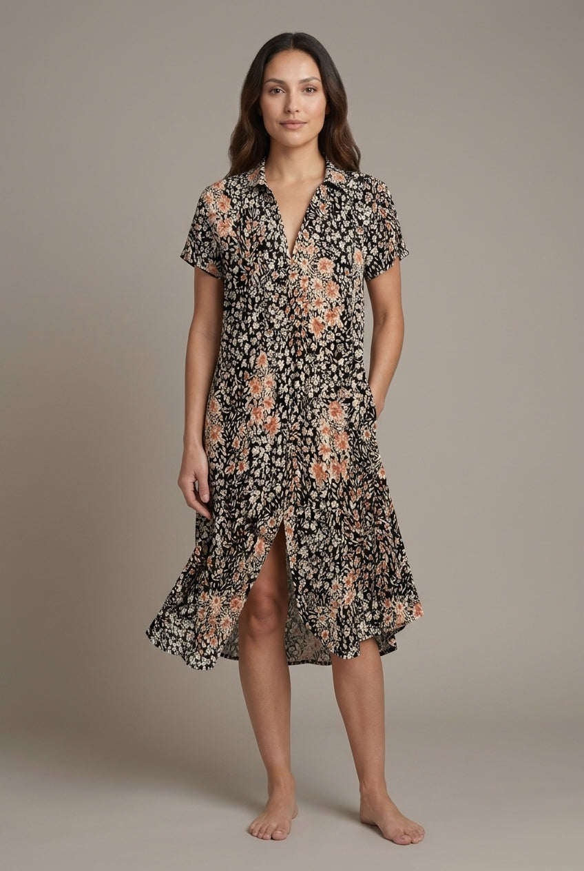 Elegant V-Neck Floral Dress for Women, Lightweight Flowing Midi with Side Pockets, for Daytime, Evening & Casual Wear