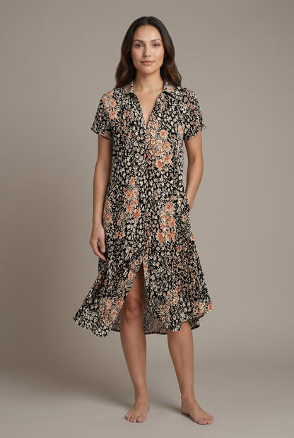 Elegant V-Neck Floral Dress for Women, Lightweight Flowing Midi with Side Pockets, for Daytime, Evening & Casual Wear