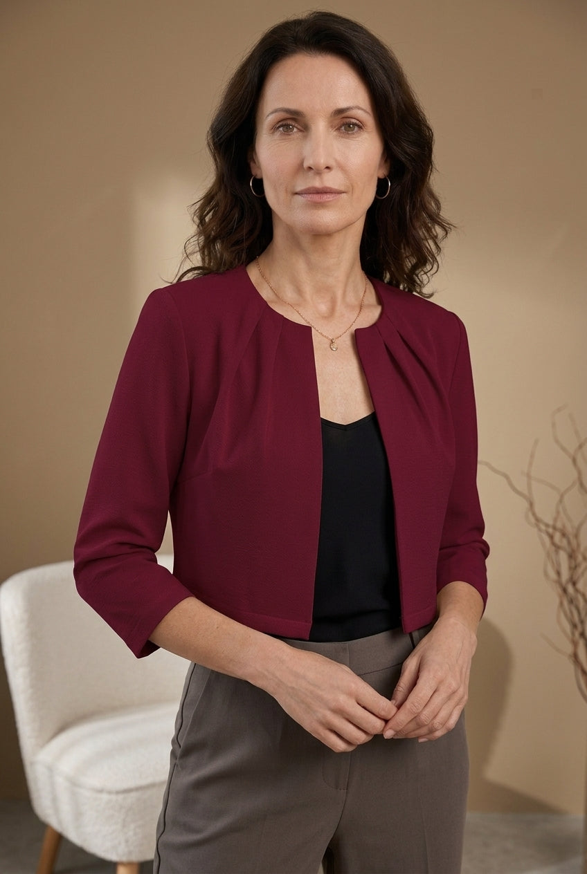 Thea | Women's Open Front Cropped Blazer Jacket with 3/4 Sleeve and Tailored Structured Fit