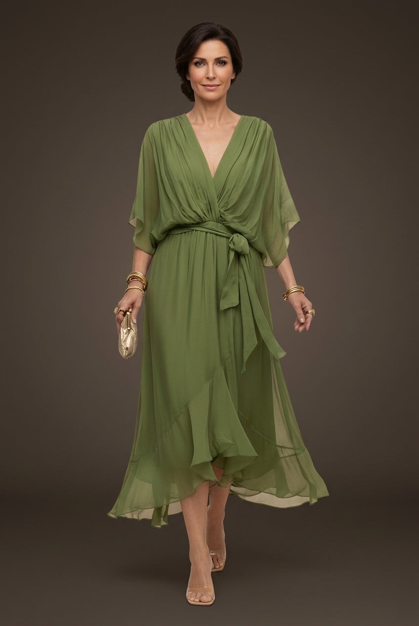 Elegant V-Neck Flowy Sleeve Dress for Women, Layered Textured Fringe Design, for Special Occasions, Dinners & Evening We