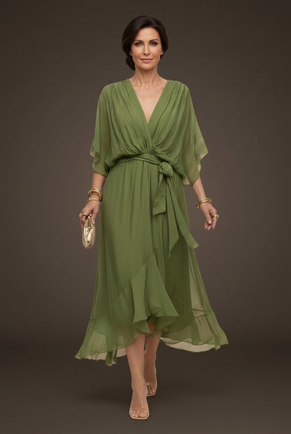 Elegant V-Neck Flowy Sleeve Dress for Women, Layered Textured Fringe Design, for Special Occasions, Dinners & Evening We
