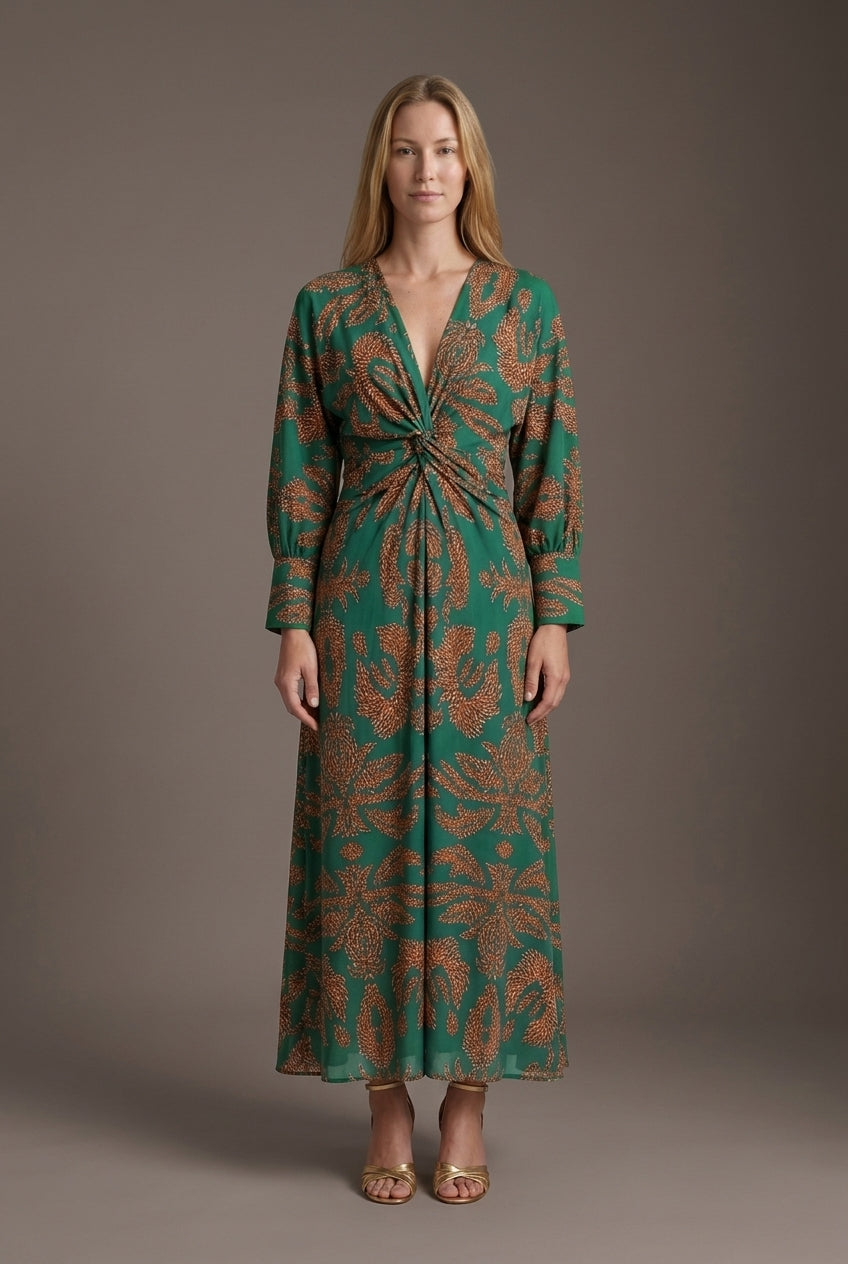 Elegant V-Neck A-Line Maxi Dress for Women, Statement Print Long-Sleeve with Front Knot, for Weddings, Cocktail Parties 