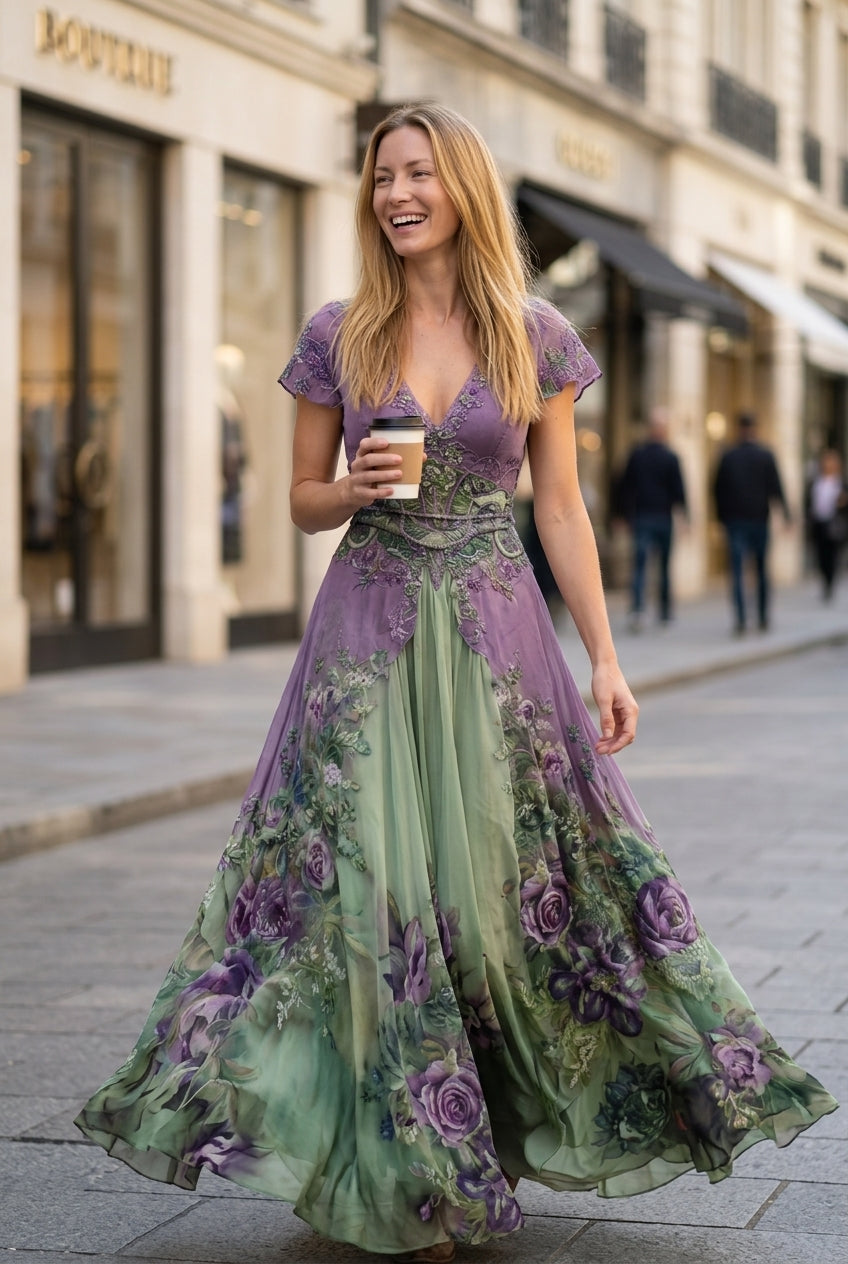 Elegant Maxi Dress for Women, Floral Gradient V-Neck Flowing Long-Sleeve, for Wedding Guest, Date Night, Evening & Vacat