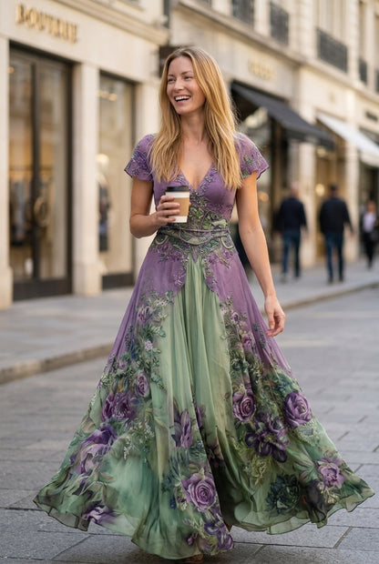 Elegant Maxi Dress for Women, Floral Gradient V-Neck Flowing Long-Sleeve, for Wedding Guest, Date Night, Evening & Vacat