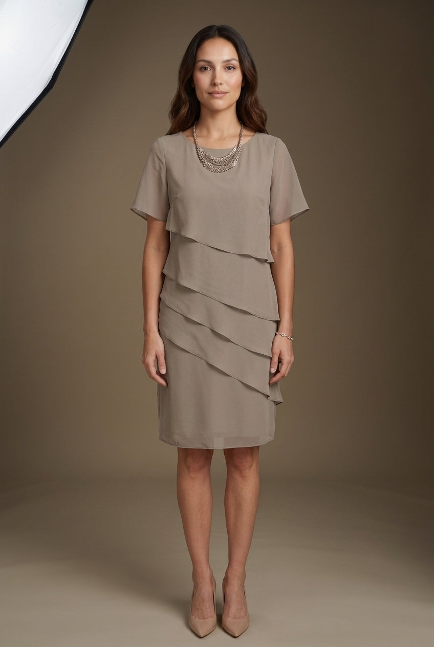 Elegant Flowy Short Sleeve Dress for Women, Layered Silhouette with Flattering Cut, for Formal, Dinners & Daytime Events