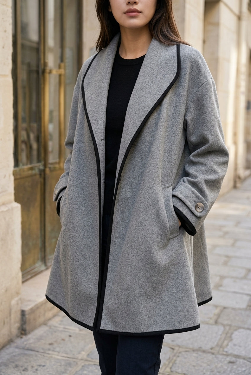 Lou | Wool-Blend Swing Coat with Contrast Trim