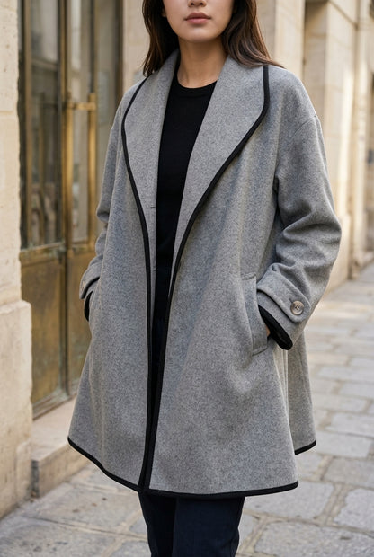 Lou | Wool-Blend Swing Coat with Contrast Trim