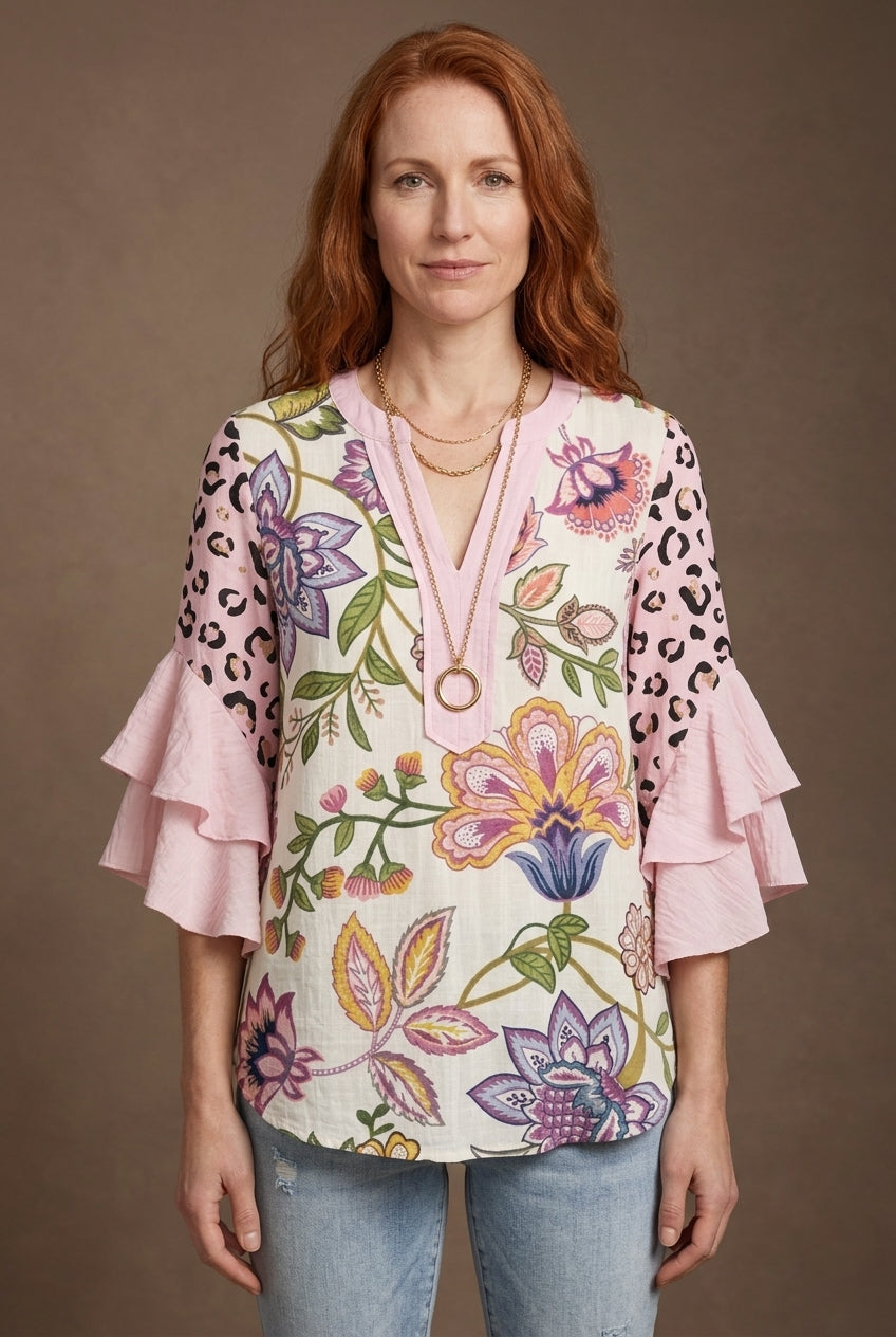 Elegant Ruffle Sleeve Blouse for Women, Floral Print Lightweight Relaxed Fit, for Work, Brunch, Casual & Everyday Wear