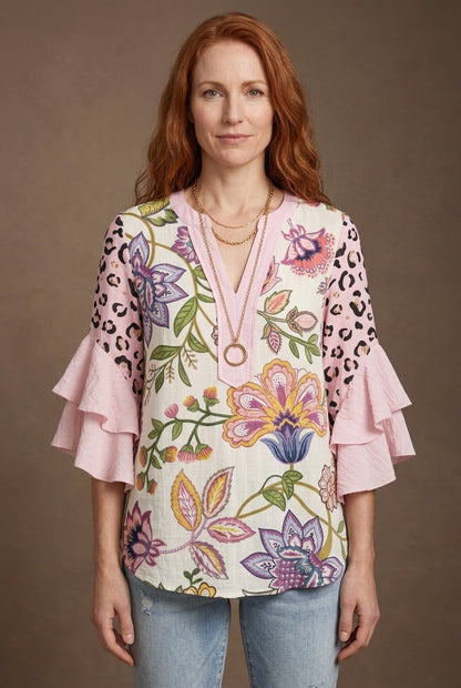 Elegant Ruffle Sleeve Blouse for Women, Floral Print Lightweight Relaxed Fit, for Work, Brunch, Casual & Everyday Wear