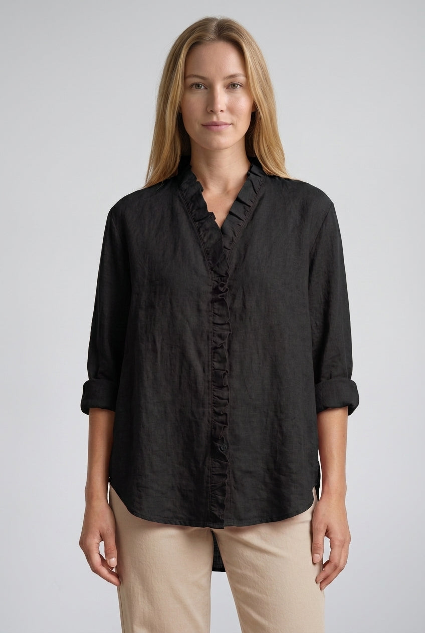 Casual Ruffle V-Neck Blouse for Women, Cotton-Linen Blend Lightweight Relaxed Fit, for Everyday Wear, Office & Smart-Cas