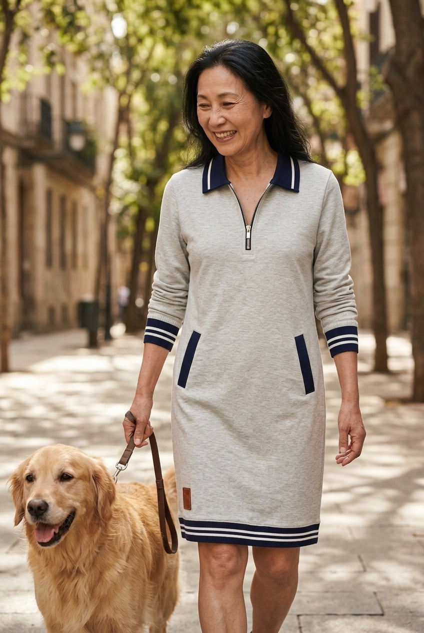 Elegant Long Sleeve Collar Dress for Women, Cotton Blend Straight Cut with Front Zipper & Pockets, for Work, Office, Cas