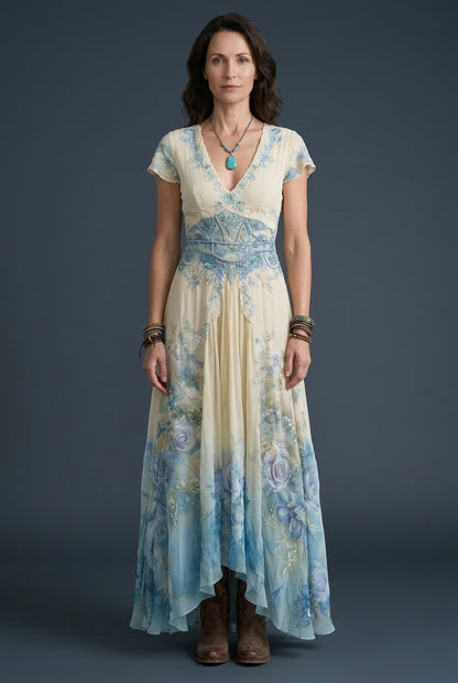 Elegant Maxi Dress for Women, Floral Gradient V-Neck Flowing Long-Sleeve, for Wedding Guest, Date Night, Evening & Vacat