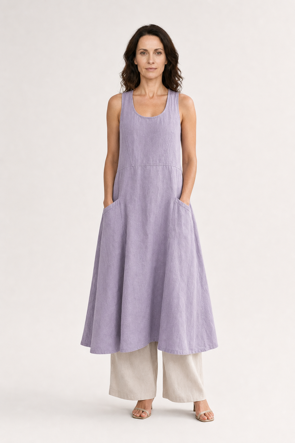 Elia | Women's Linen Sleeveless Pocket Scoop-Neck Midi Dress