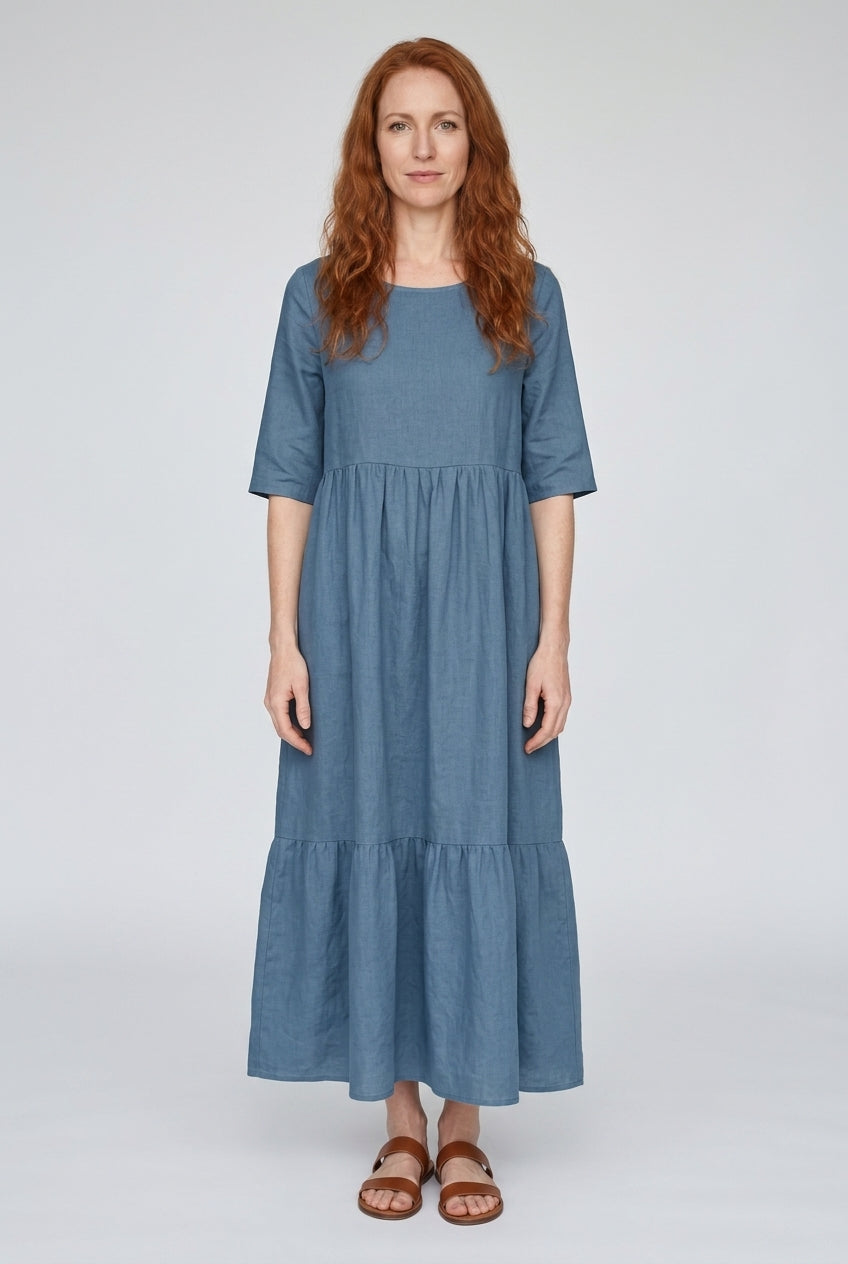 Classic Mid Sleeve Dress for Women, Cotton Relaxed Round Neckline with Pockets, for Spring, Summer & Everyday Wear