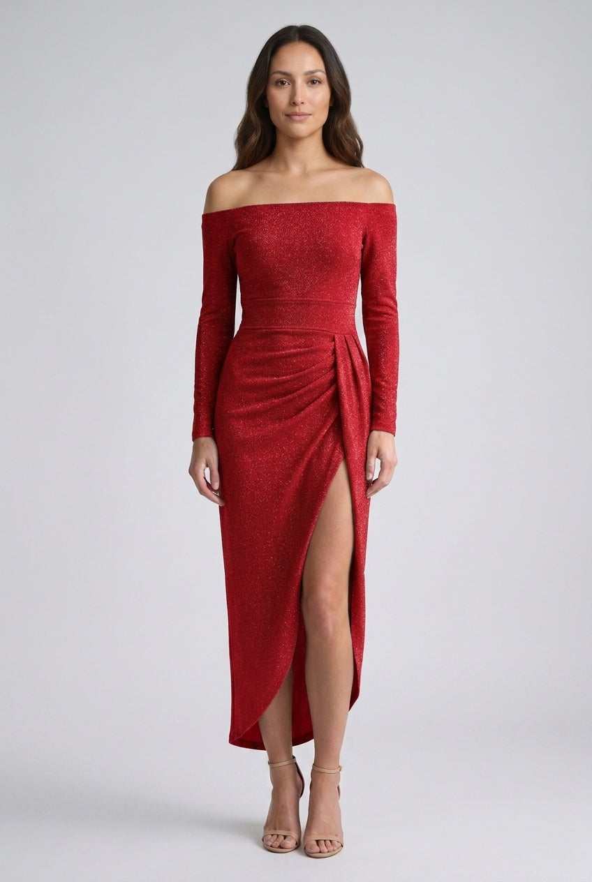 Elegant Off-Shoulder Dress for Women, Flowing Silhouette with Slit Detail, for Weddings, Evening Events & Special Occasi