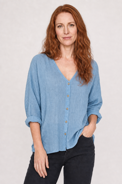 Rina | Women's Casual Cotton V-Neck Button-Front Three-Quarter Sleeve Top