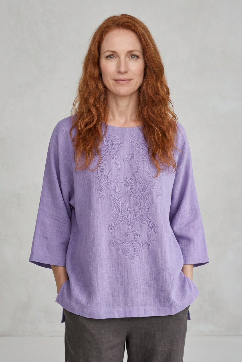 Purple Embroidery Crew Neck Short Sleeve Blouse