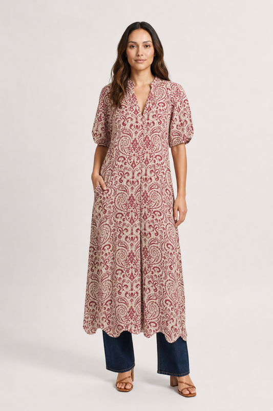 Alia | Women's Boho Dress with V-Neckline Lantern Sleeves A-Line Geometric Print