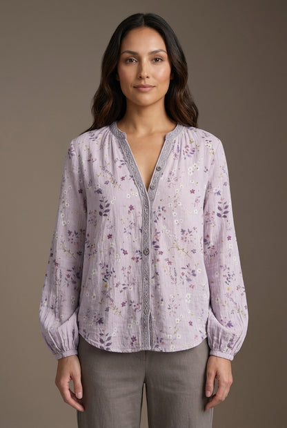 Elegant Vintage Leaf Print Shirt for Women, Lightweight Button-Down Draped Fit, for Work, Casual, Date Night & Everyday 