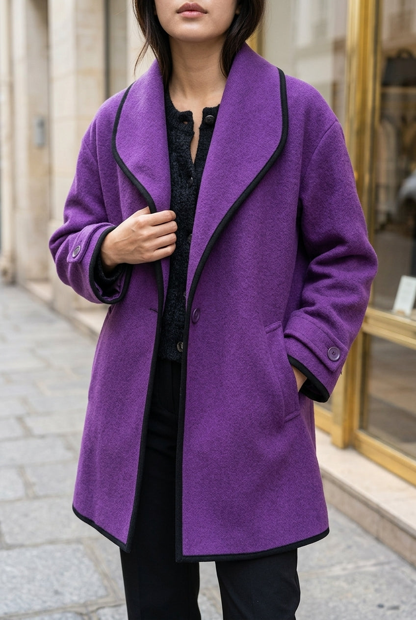 Lou | Wool-Blend Swing Coat with Contrast Trim