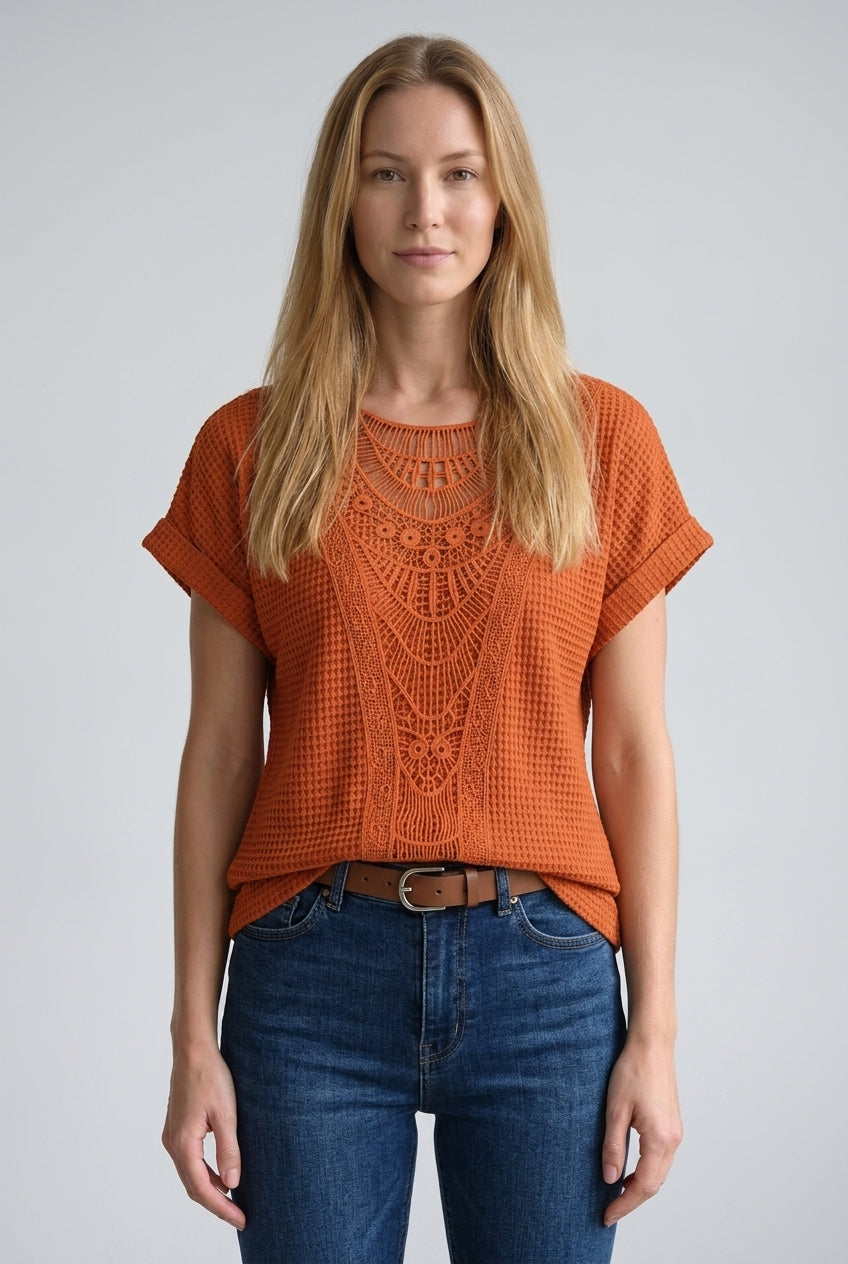 Elegant Ibiza-Style Boho Top for Women, Lightweight Relaxed Fit Round Neck, for Beach, Vacation & Everyday Wear