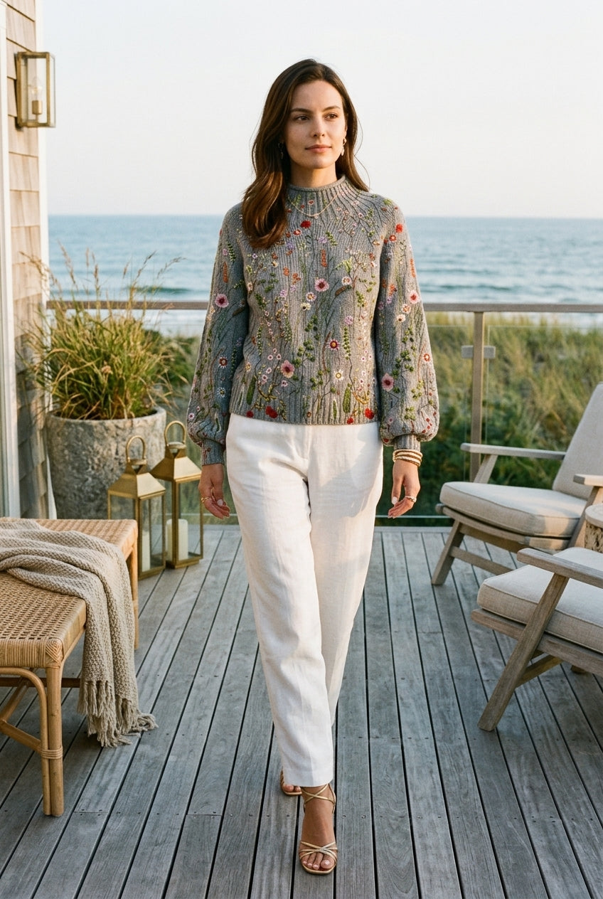 Vionnet Liora | Floral Embroidered Ribbed Knit Sweater
