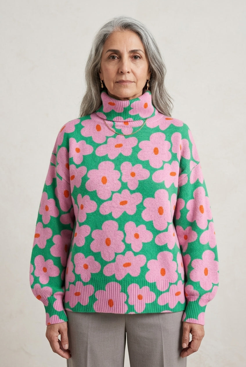 Antonia Nathalia | Floral Roll Neck Knit Sweater