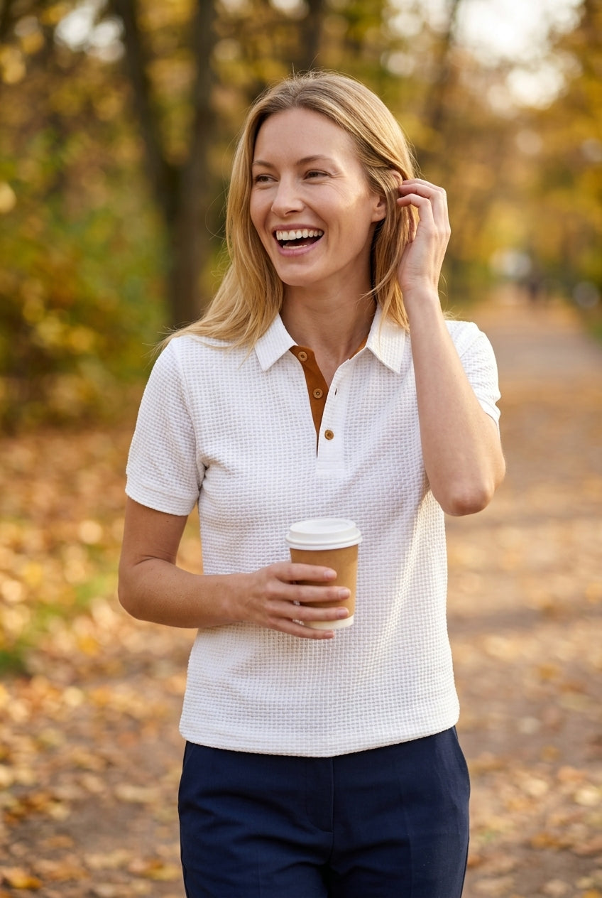 Textured Knit Polo for Women, Classic Collar Breathable Smart Casual, for Work, Brunch, Weekend & Everyday Wear
