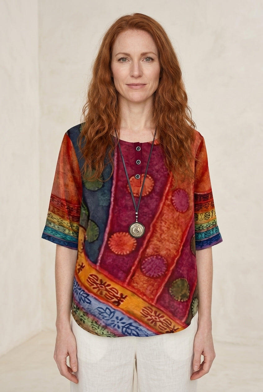Relaxed Boho Top for Women, Mixed-Print Summer Lightweight, for Casual, Everyday & Vacation Wear