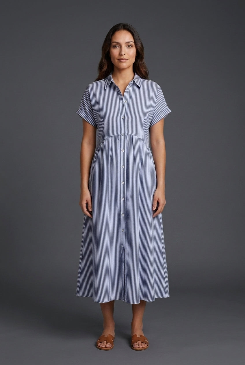 Elegant Cotton Maxi Dress for Women, Short-Sleeve Shirt Collar Button-Front Fitted Waist, for Summer, Vacation, Brunch &