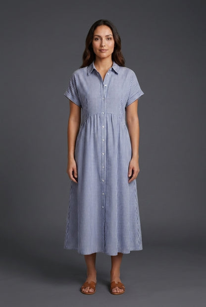 Elegant Cotton Maxi Dress for Women, Short-Sleeve Shirt Collar Button-Front Fitted Waist, for Summer, Vacation, Brunch &