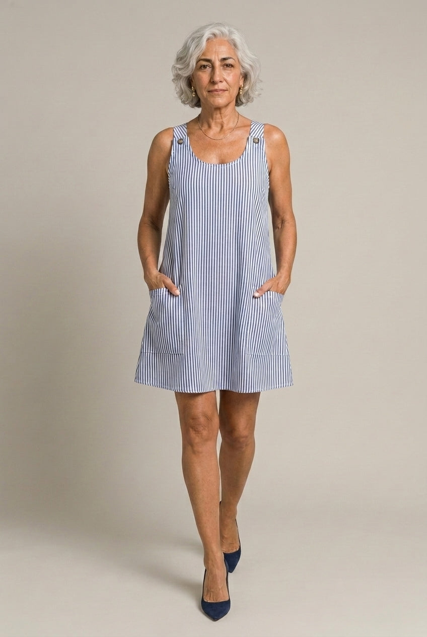 Fabienne Lisette | Striped Button-Strap Mini Dress