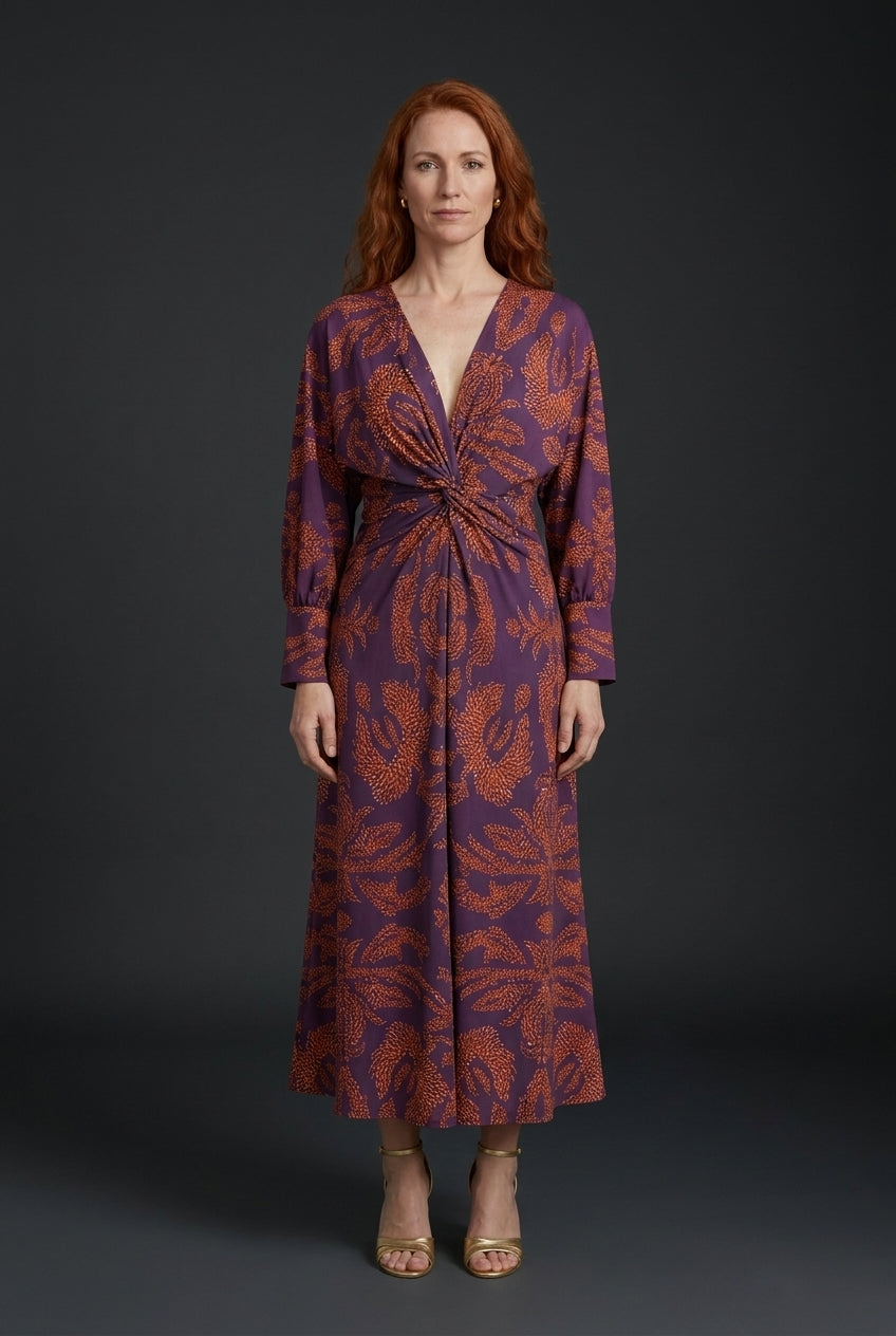 Elegant V-Neck A-Line Maxi Dress for Women, Long Sleeve Flowing Silhouette with Waist Detail, for Wedding, Evening & Spe