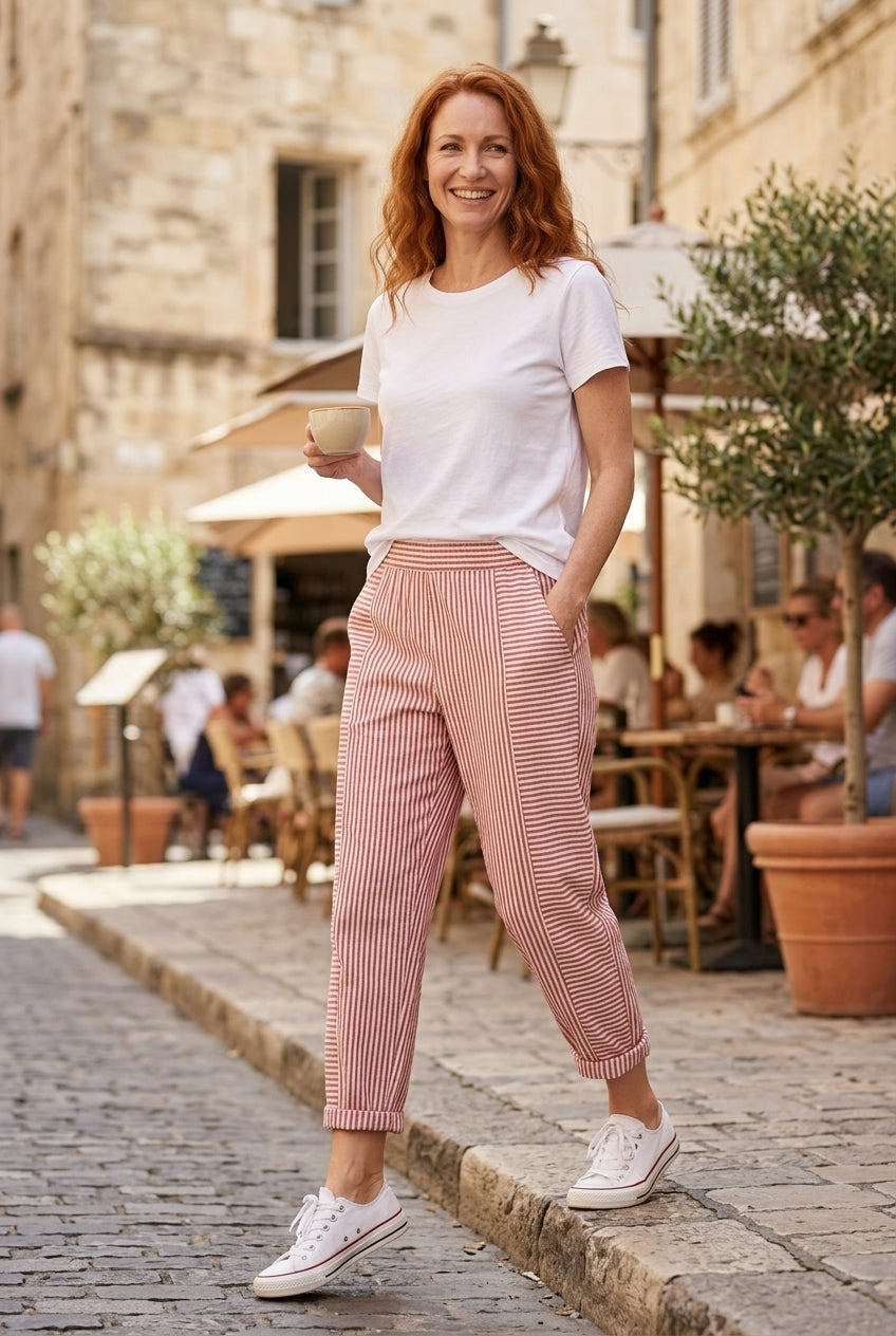 Relaxed Striped Summer Pants for Women, Lightweight Breathable Tapered with Elastic Waistband, for Travel, Casual & Ever