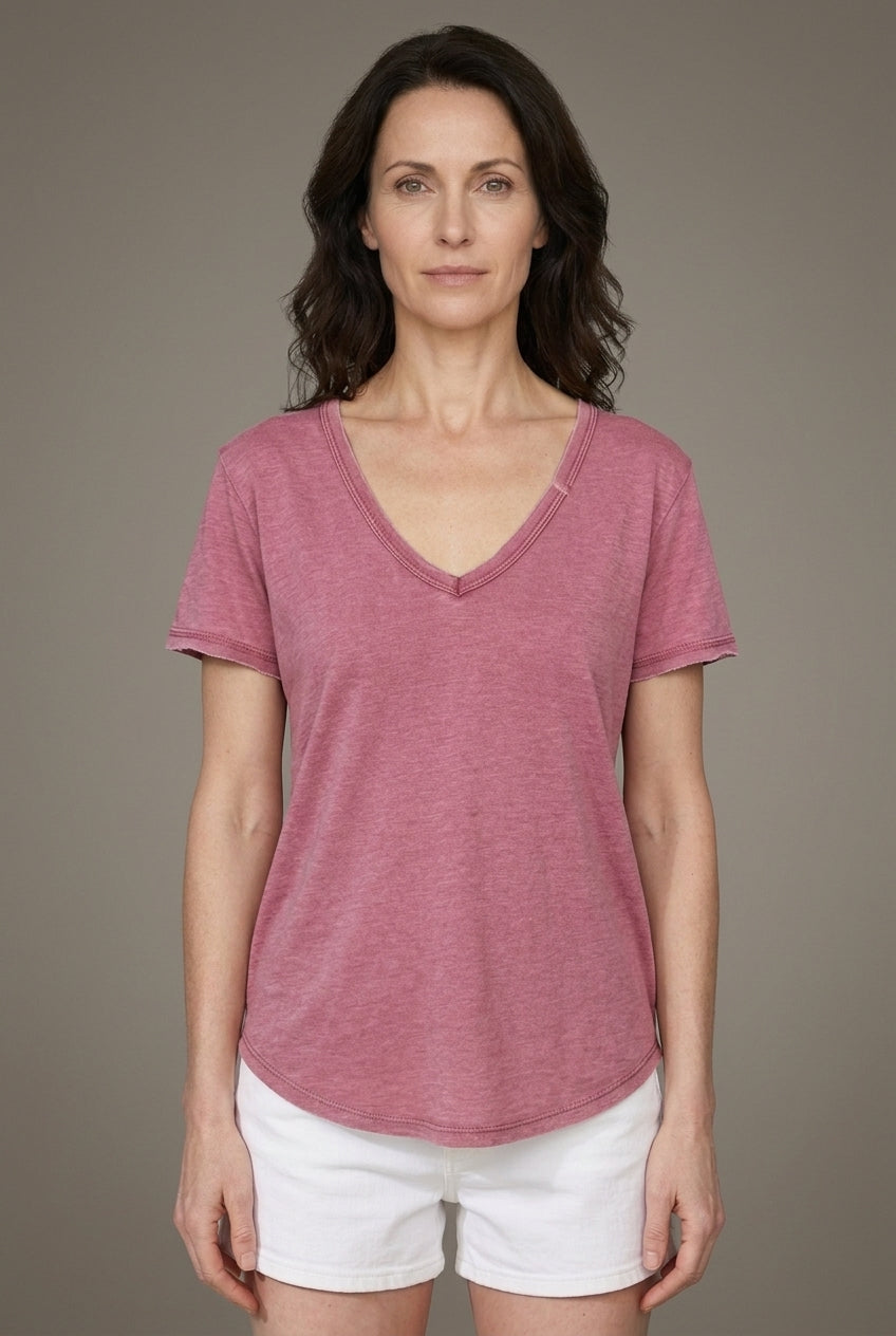 Relaxed V-Neck Short Sleeve Tee for Women, Rayon Polyester Breathable Plain, for Summer, Casual & Everyday Wear