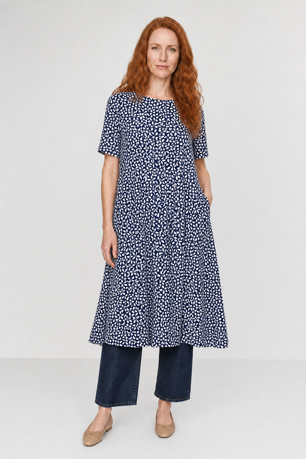 Kaia | Women's Cotton Floral Round-Neck Pocket Midi Dress