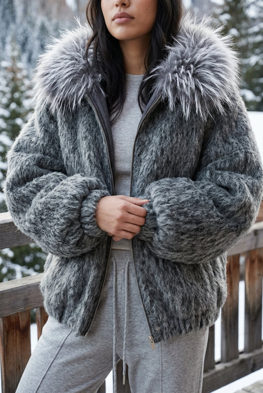 Anine | Quilted Wool Blend Coat with Faux Fur Hood