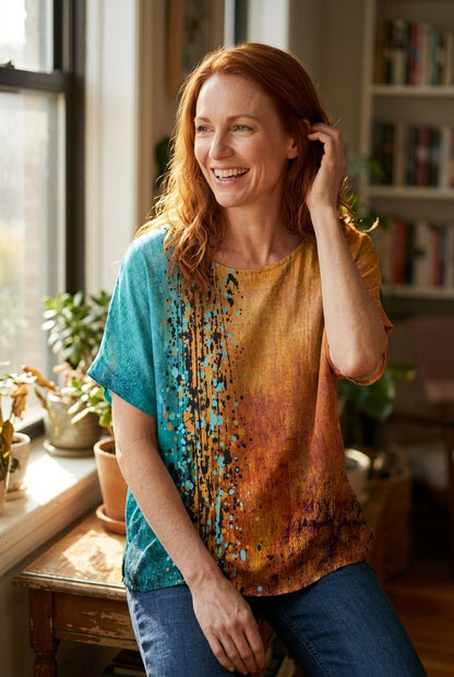 Floral Print Short Sleeve Top for Women, Polyester Spandex Relaxed Fit Round Neck, for Summer, Casual & Everyday Wear