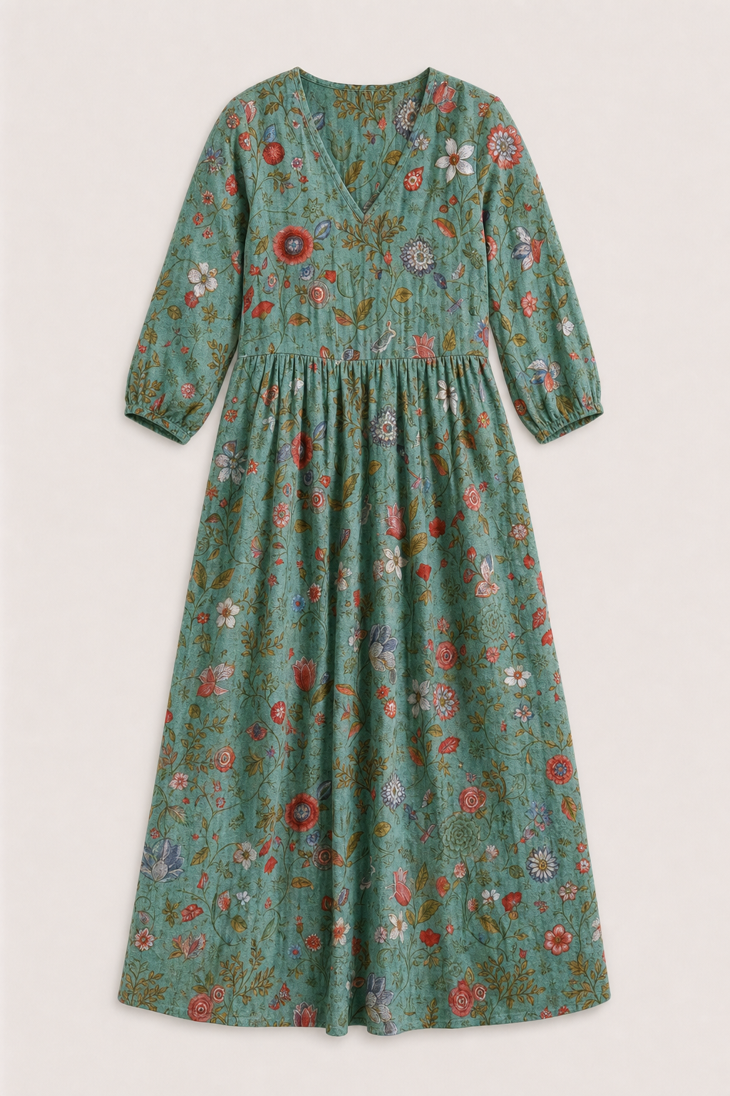 Liora | Women's Boho Cotton Floral V-Neck Pocket Maxi Dress Long Sleeve