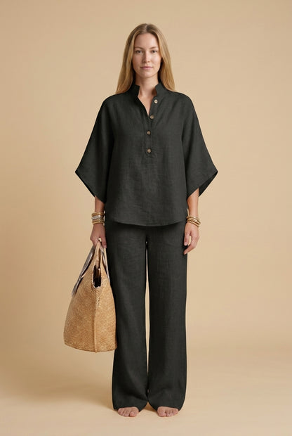 Elegant 2-Piece Set for Women, Collared Top Wide-Leg Trousers Relaxed Fit, for Work, Office & Everyday Wear