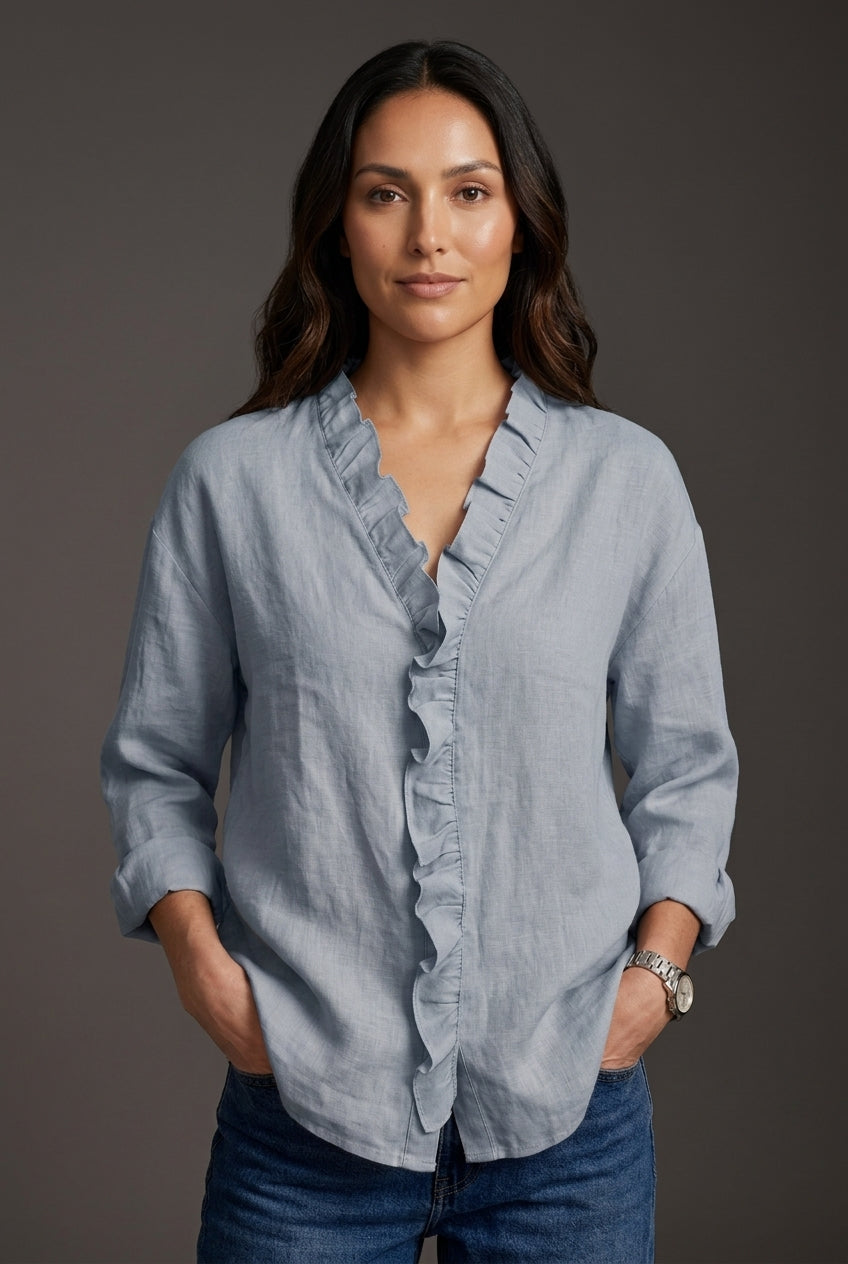 Lightweight V-Neck Blouse for Women, Ruffled Long-Sleeve Relaxed Fit, for Office, Casual & Everyday Wear