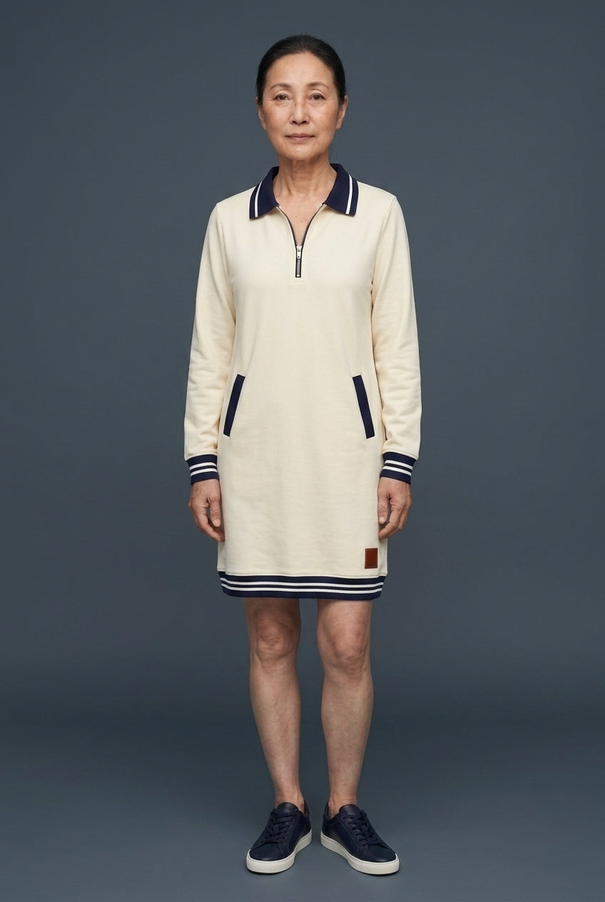 Elegant Long Sleeve Collar Dress for Women, Cotton Blend Straight Cut with Front Zipper & Pockets, for Work, Office, Cas