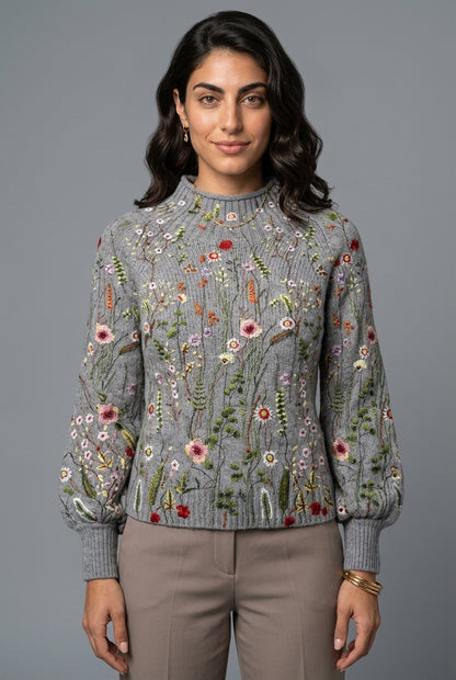 Vionnet Liora | Floral Embroidered Ribbed Knit Sweater