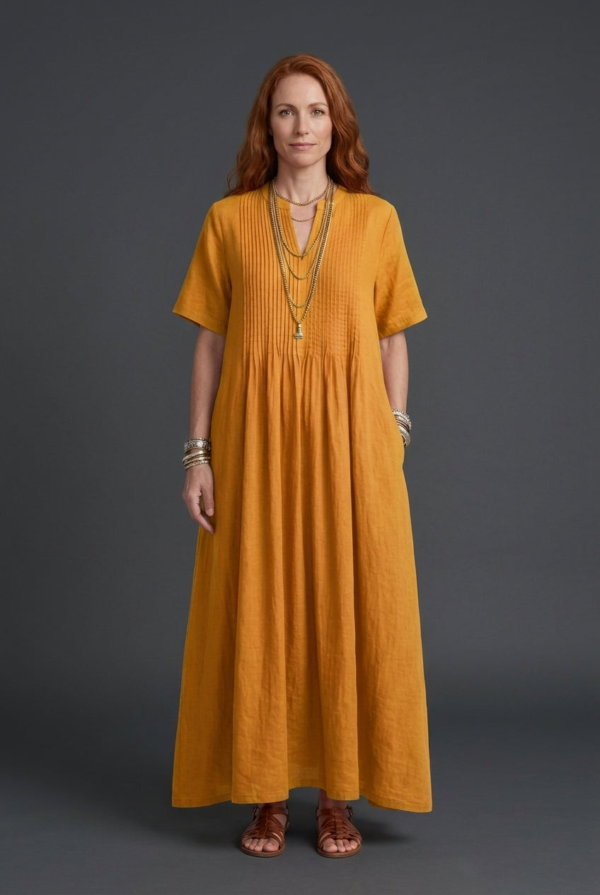 Elegant Maxi Dress for Women, Soft Linen V-Neck Relaxed Pleated, for Summer, Vacation, Brunch & Everyday Wear