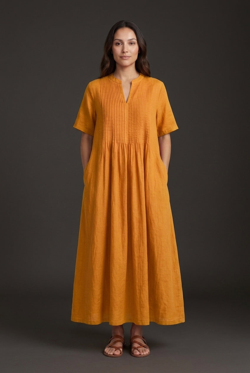 Elegant V-Neck Midi Dress for Women, Pleated Mid-Sleeve Flowing Silhouette, for Summer, Dinners, Celebrations & Everyday