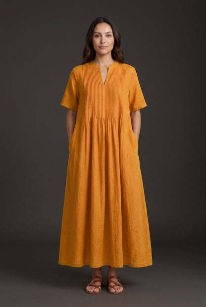 Elegant V-Neck Midi Dress for Women, Pleated Mid-Sleeve Flowing Silhouette, for Summer, Dinners, Celebrations & Everyday