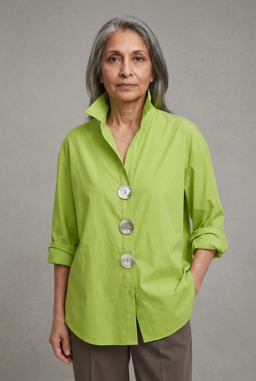 Stylish Big Button Collar Blouse for Women, Stand Collar Relaxed Fit Roll-Back Sleeves, for Work, Office, Casual & Every
