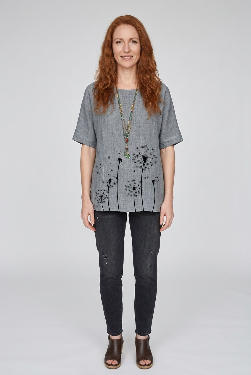 Women's Summer Dandelion Print Relaxed Short Sleeve Top